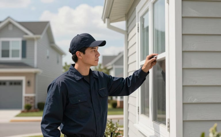 A professional pest control technician in a clean dark navy uniform inspecting a modern North American / US suburban home's exterior on a bright day. The composition is clean and modern with soft cloud lighting.
