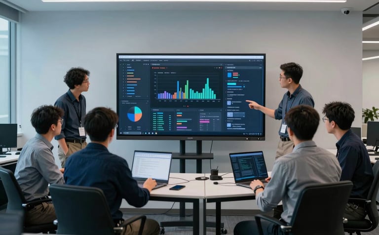 A group of software engineers collaborating around a large screen in a sleek North American / US tech hub. The scene incorporates dark navy furniture and pale blue ambient lighting, reflecting a focused and innovative development environment.