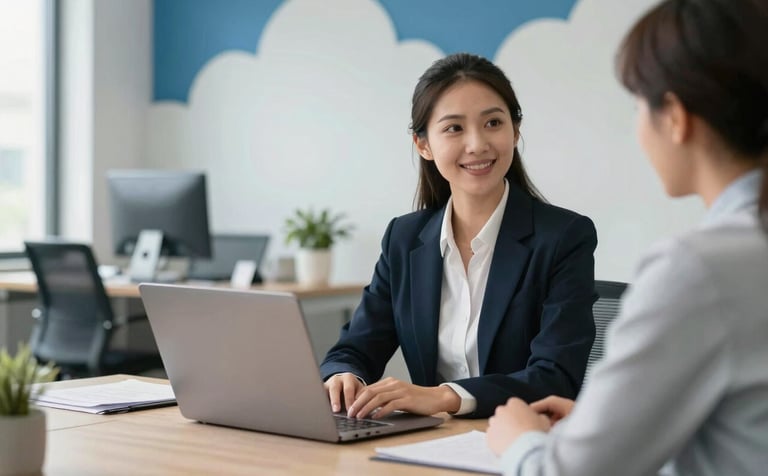 A professional talent recruiter in a modern North American / US office setting, interviewing a candidate via a clean laptop setup. The background features steel blue and cloud white office accents, with natural sunlight creating a bright, efficient atmosphere.