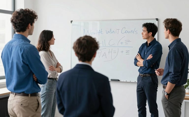 A creative marketing strategy session in a bright, modern North American / US studio. Professionals are brainstorming with a white board in the background. The color palette features pops of steel blue and dark navy against cloud white walls.