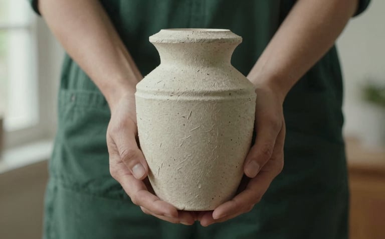 A top-down photograph of a pair of hands holding a small, textured biodegradable urn made from recycled materials. The hands are those of an adult in a North American / US home setting, lit by soft window light. Colors are dark forest green and soft off-white.