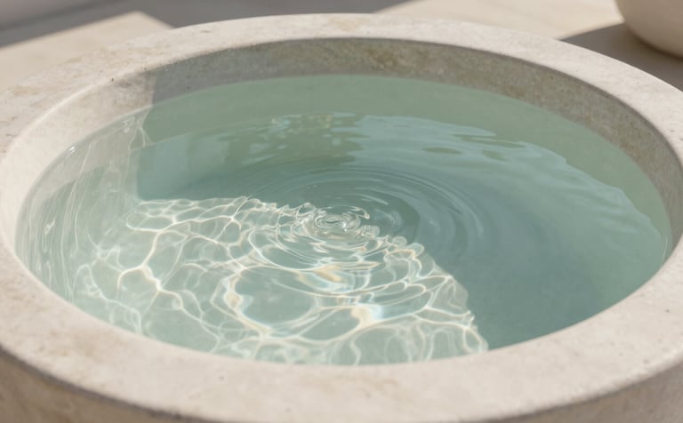 A close-up photograph of clear, serene water rippling gently in a stone vessel, with soft morning light filtering through. The scene is set in a calm, modern facility in Redmond, Oregon, North American / US. The color palette features soft off-white and hints of muted green.