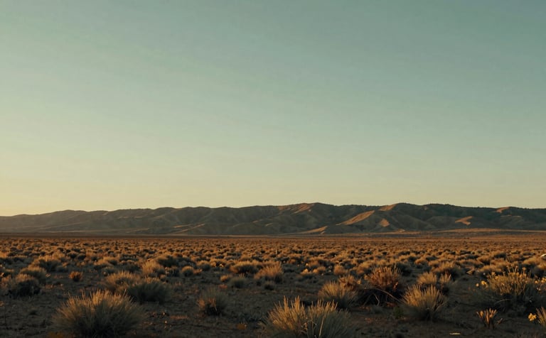 A wide-angle landscape photograph of the high desert in Redmond, Oregon, North American / US, at dusk. The sky is a soft sage green and the ground is covered in native flora. The composition is peaceful and expansive, reflecting natural serenity.