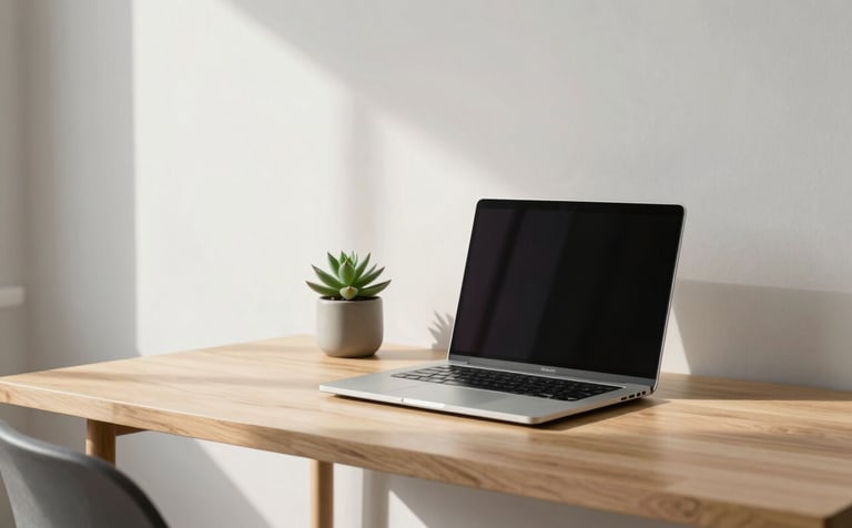 A wide-angle, bright photograph of a minimalist home office desk. A sleek silver laptop sits next to a small succulent in a muted gray pot on a light wood surface. The background is a clean, off-white wall with soft natural light streaming in from the side.