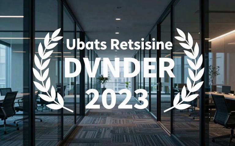 A professional, symmetrical photograph of a modern office hallway with glass panels. The lighting is cool and sophisticated, featuring steel blue and dark navy tones, reflecting a sense of precision and technical structure.