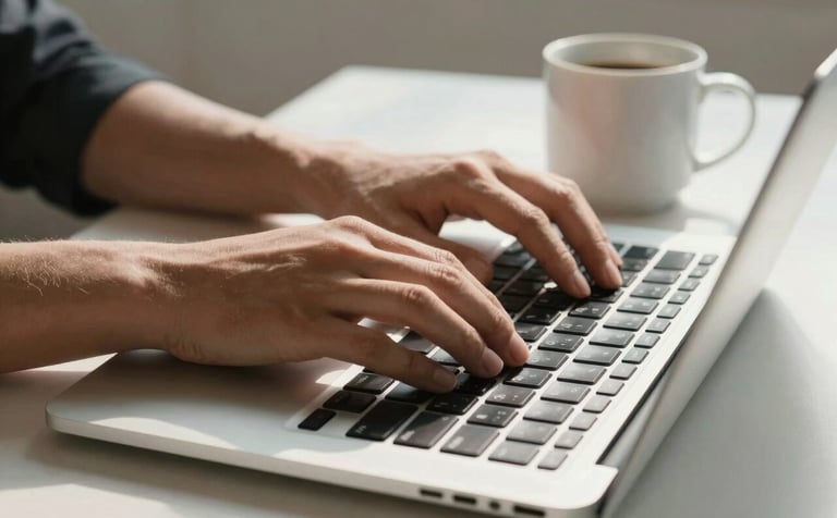 A close-up photograph of hands typing on a modern silver laptop keyboard in a bright, minimalist setting. A white ceramic coffee mug sits in the corner of the frame on a light surface, illuminated by natural sunlight.