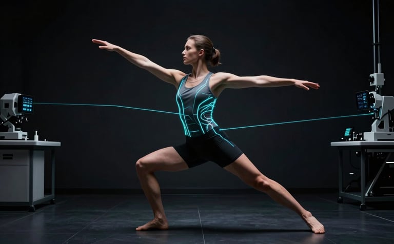 High-end minimalist photography of an elite athlete performing a controlled movement in a dark, futuristic biomechanical laboratory. Thin electric cyan diagnostic lines are projected across the subject. Precision lighting, sleek black environment, North American / International context.