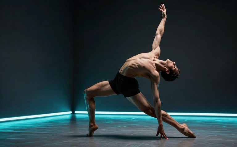 A professional contemporary dancer in a high-precision pose within a sleek, minimalist dark studio. Electric cyan light strips on the floor accentuate the geometry of the body. Sophisticated, high-contrast photography, North American / International.