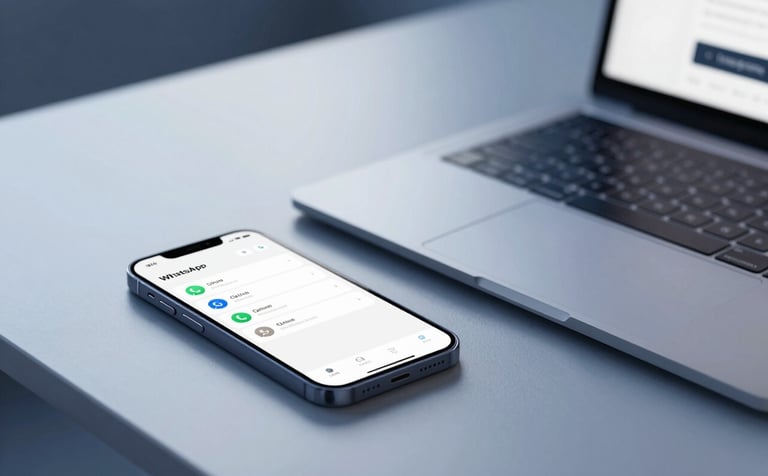 A sophisticated minimalist office desk. A modern smartphone sits next to a designer laptop, displaying a clean WhatsApp CRM dashboard with automation icons. The lighting is crisp and cool, featuring deep blues and professional tones matching IVRON's palette. No people, focus on the interface and technology.