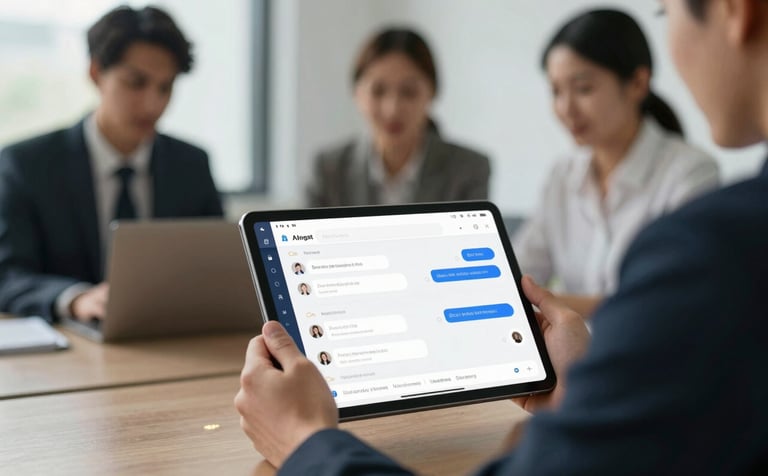 A professional business environment. Three blurred figures in the background represent a team, while the foreground focus is a tablet showing a multi-agent dashboard with chat assignments. Professional lighting with subtle gold reflections. Sophisticated and efficient vibe.