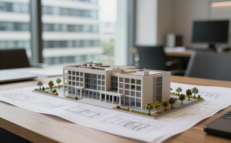 A close-up of a high-end architectural model and blueprints on a wooden desk in a professional real estate office, with a blurred view of a modern building facade outside the window, soft daylight, professional and trustworthy atmosphere.