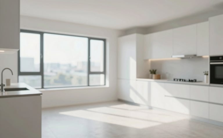 A pristine, empty kitchen and living area in a luxury apartment, showing the results of a professional end-of-lease clean. Surfaces are gleaming, windows are crystal clear, and the atmosphere is fresh. The lighting is bright and airy. Natural tones are complemented by professional accents in #3A6B6C.
