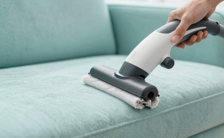 Close-up action shot of a professional upholstery cleaning tool being used on a luxury sofa, highlighting the extraction of dirt and moisture. The lighting is crisp, emphasizing the texture and cleanliness of the fabric. Soft brand colors #82B2B3 and #EDF5F5 provide a fresh, clinical feel.