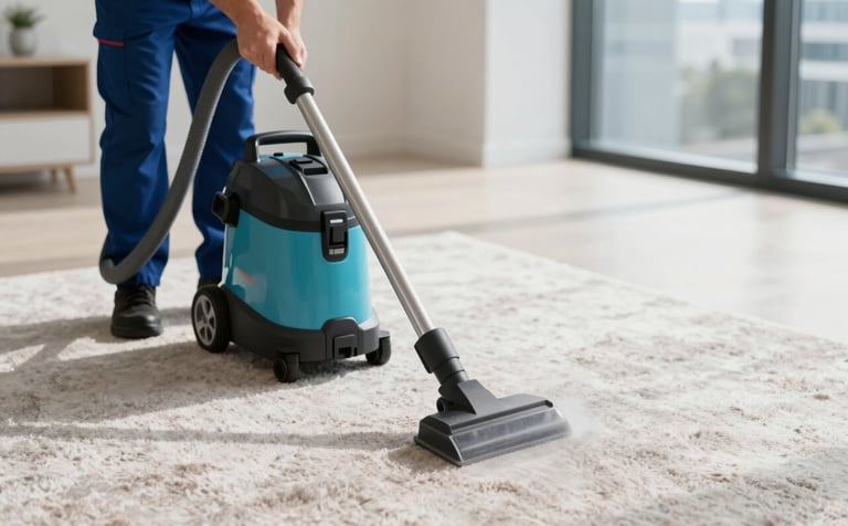 A high-angle shot of a professional cleaning technician using industrial steam cleaning equipment on a plush carpet in a modern, sunlit Melbourne apartment. The scene is clean and professional, with a focus on the efficiency of the equipment. Subtle brand colors #1C3A3B and #3A6B6C are present in the technician's uniform and gear.