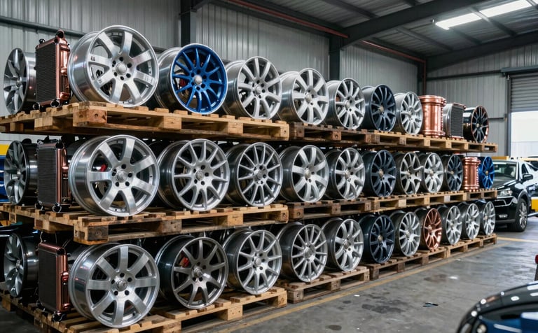 An organized North American automotive salvage yard interior. Pallets of sorted aluminum rims and copper radiators are neatly stacked in a modern, robust warehouse. The lighting is bright and industrial, emphasizing reliability and order with midnight blue and silver tones.