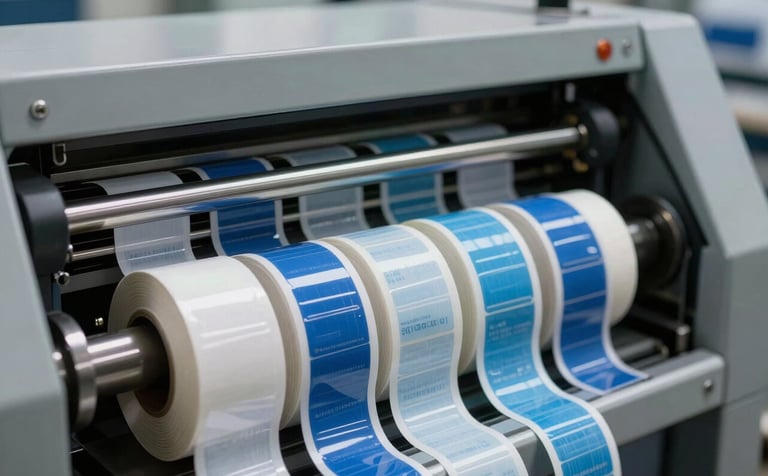 A close-up photograph of a high-speed label printing machine in operation. Rolls of glossy adhesive labels featuring steel blue and ice blue branding are being processed. Clean, professional industrial environment with sharp focus.