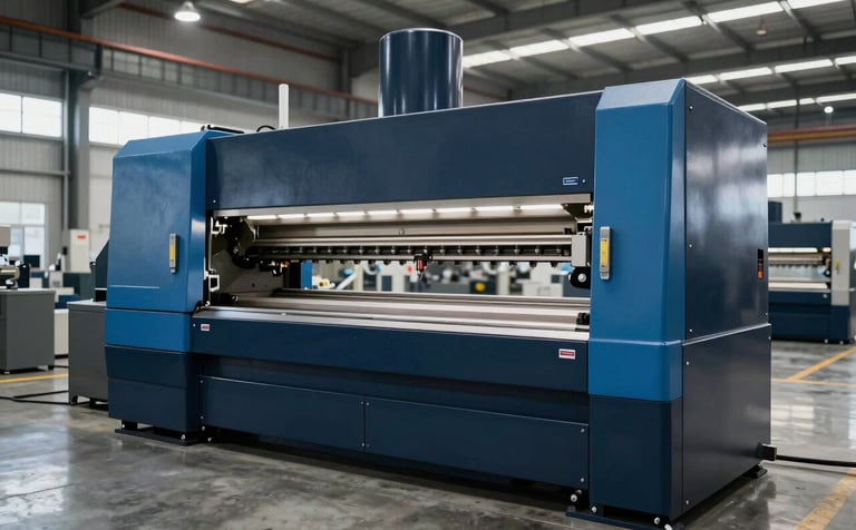 A wide shot of a modern manufacturing facility showing a heavy-duty industrial punching machine. The floor is polished concrete. The machine is dark navy blue with steel blue highlights. Professional industrial lighting.
