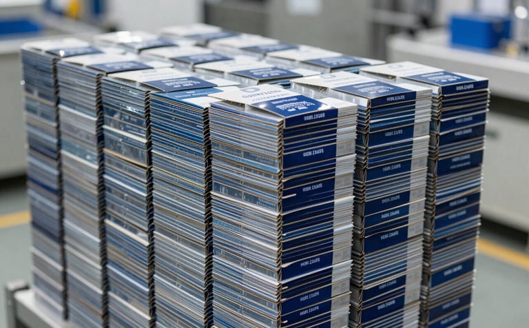 A stack of premium, custom-printed folding cartons for retail, neatly arranged in a modern factory setting. The lighting is bright and clean, reflecting off the steel blue and dark navy blue ink on the packaging surfaces. Modern corporate style.