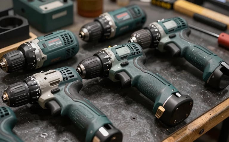 A close-up, sharp photograph of heavy-duty industrial power drills and accessories arranged neatly on a dark workbench. The lighting highlights the metallic textures. The colors include dark slate green and off-white, reflecting professional quality.