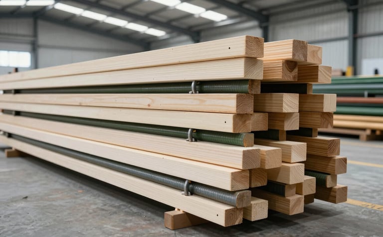 A high-quality professional photograph of stacked high-grade timber and steel rods in a bright, modern industrial warehouse. The lighting is clean and natural. The scene features tones of off-white and muted forest green, conveying reliability and robust supply chain strength.