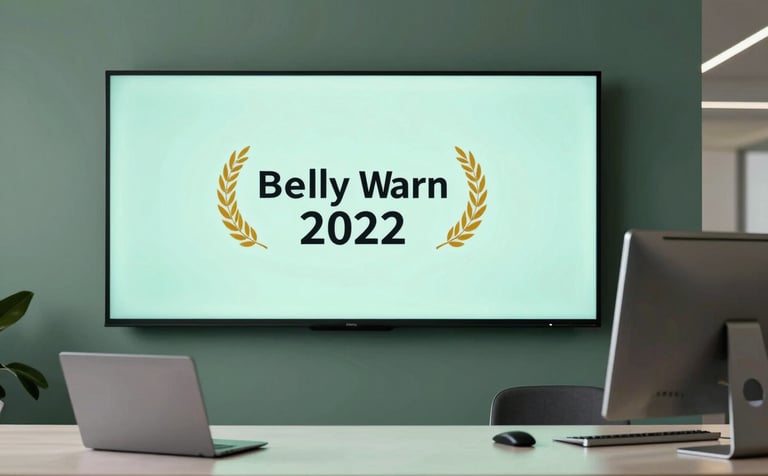 A sleek, modern corporate office environment featuring a large smart interactive board on a wall. A high-end laptop and an all-in-one desktop are visible on a clean desk. The lighting is soft and professional with a color palette of muted forest green and soft mint.