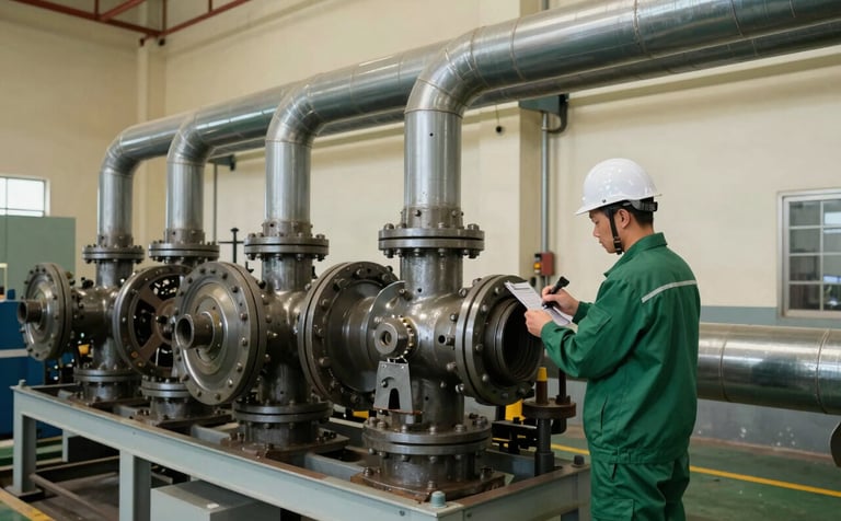 Wide shot of heavy mechanical machinery and large industrial pipes in a well-lit Southeast Asian manufacturing plant. A technician in a matte forest green uniform is performing a routine check. The scene feels solid, professional, and reliable with crisp parchment-colored walls.