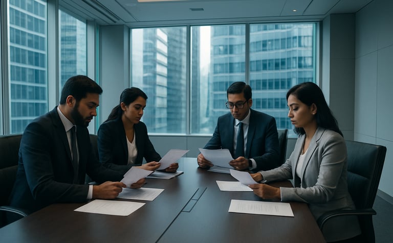 A sophisticated corporate boardroom setting in a South Asian financial district, business consultants reviewing documents, elegant and clean architecture, light blue and slate color palette, professional atmosphere.