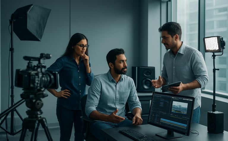 A professional media production studio in a modern Indian tech hub, featuring high-end digital equipment, creative professionals in discussion, natural light through large windows, with a color palette of soft gray and muted blue.