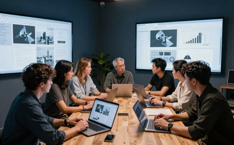 Photography of a collaborative group of professionals in a North American / US open studio. They are gathered around a large wooden table with several silver laptops, interacting with large digital storyboards on the walls. The atmosphere is professional and innovative, with slate blue and dark blue-gray accents in the decor.
