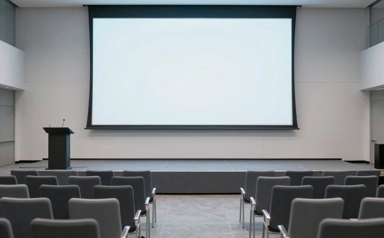Clean photography of a modern event hall in Minneapolis. A minimalist stage is set with a podium and a large blank projection screen. The seating is arranged for a tech talk, with sleek contemporary chairs. Lighting is crisp and cool, utilizing a light gray and slate blue color scheme. North American / US.