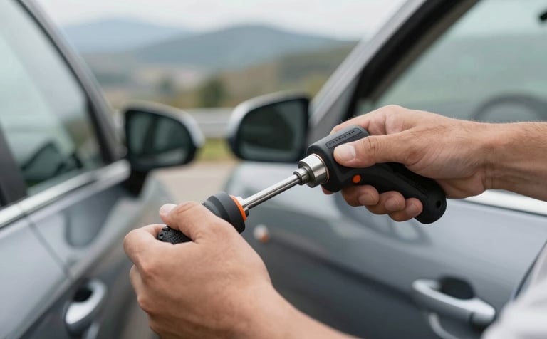 A professional automotive locksmith using specialized tools to non-destructively open a car door. The focus is on the steady, expert hands and the tool against a sleek, dark car body. Background features a soft-focus Cantabria landscape under bright daylight. Brand colors #1A1A1A and #F8F7F5 dominate.