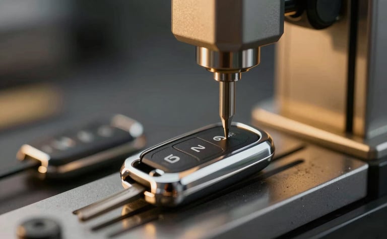 A close-up, high-detail shot of a professional car key cutting machine precisely carving a new modern key fob. The lighting is crisp and industrial with metallic reflections and warm gold #A87C3D accents in the background. Modern, premium automotive aesthetic.