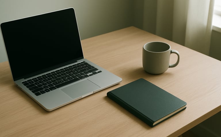 A high-angle professional photography shot of a minimalist wooden office desk. A sleek silver laptop sits next to a dark forest green notebook and a modern ceramic mug. Soft natural light flows from a window, creating a clean and efficient workspace atmosphere with soft off-white and pale sage accents.
