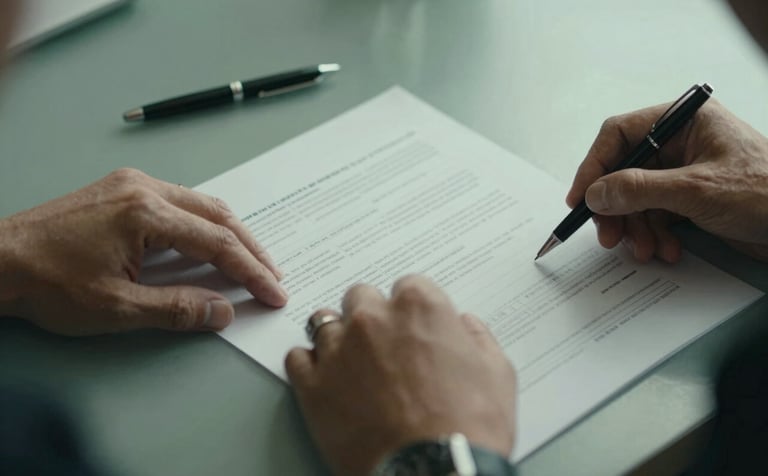 Close-up photography of professional hands reviewing a strategy document on a desk. A sleek pen lies nearby. The color palette includes soft gray-green and dark forest green tones, evoking trust and unwavering reliability.