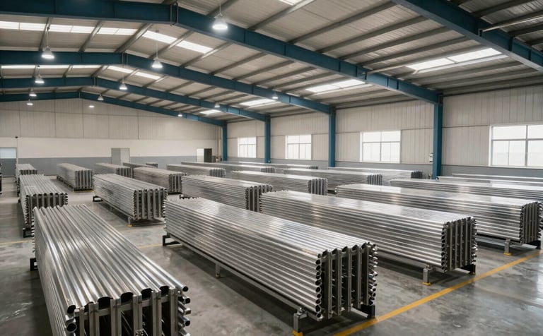 A wide-angle interior photograph of a massive, well-organized stainless steel warehouse in East Asia. The rows of steel are perfectly aligned, reflecting soft natural light from high skylights and clean LED lamps. The atmosphere is professional and orderly. Colors include off-white architectural elements, dark teal structural beams, and bright silver inventory. The setting conveys strength and efficiency.