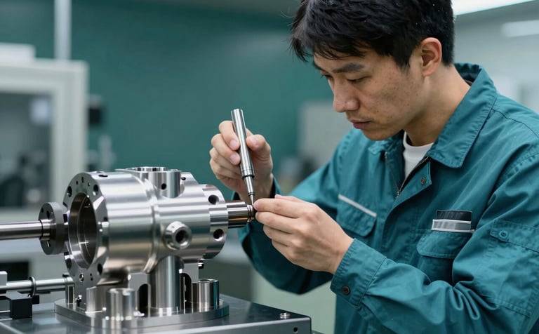 A professional East Asian technician in a sleek industrial uniform inspecting a custom-fabricated stainless steel component. The shot is a medium-close up with a shallow depth of field, focusing on the precision of the metal work. The lighting is sophisticated and directional. Colors include muted teal uniforms, bright silver metallic surfaces, and dark teal backgrounds. Setting is a refined, high-tech manufacturing workshop.