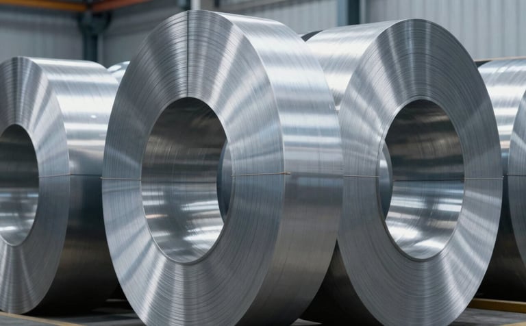A close-up photograph of high-quality industrial stainless steel coils stacked in a modern, clean factory setting. The lighting is bright and cool, emphasizing the sharp, reflective textures of the metal. The composition is a low-angle perspective showing the scale of production. The palette features bright silver-gray metal, deep charcoal shadows, and light blue-gray tones in the background. Professional East Asian industrial facility.