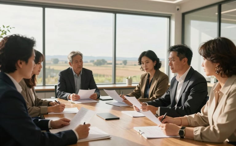 A professional group meeting in a bright, modern office with large windows overlooking a North American rural landscape. The atmosphere is collaborative and serious, featuring people in smart-casual attire discussing documents. Warm natural light fills the room, emphasizing a sense of community and purpose.