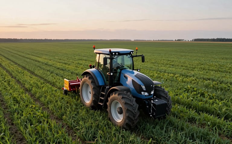 A high-angle photography shot of a modern tractor using precision technology in a vast, lush Canadian field during the golden hour. The composition is clean and forward-thinking, showing the intersection of traditional land stewardship and technological advancement under a soft, hazy sunset.