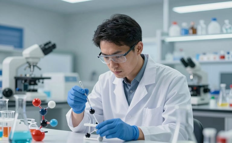 A professional chemist in a clean, modern laboratory setting. The chemist is focused on a precise experiment with glassware and molecular models in the background. The lighting is bright and sophisticated, utilizing the brand palette with hints of #8BAAB7 and #1A2A3A in the equipment and clothing.