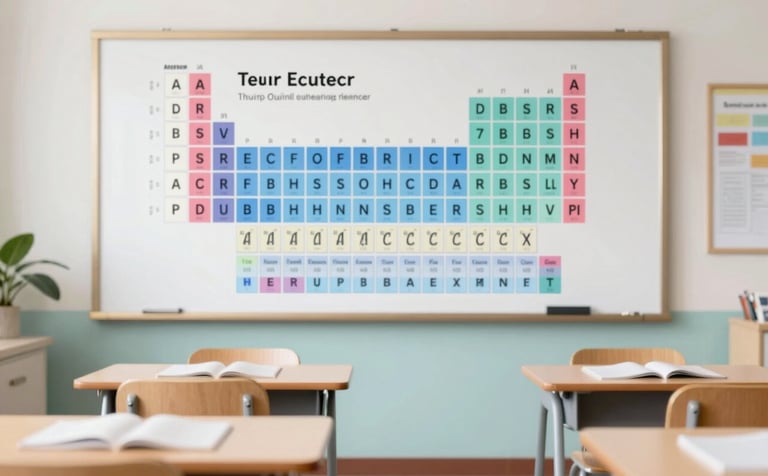 A well-organized classroom setting with a clear view of a periodic table on the wall and high-quality educational materials. The atmosphere is modern and inviting, symbolizing the teacher's approachable teaching style. Incorporates #3D6B7A and #F8F9F3 for a clean, professional aesthetic.