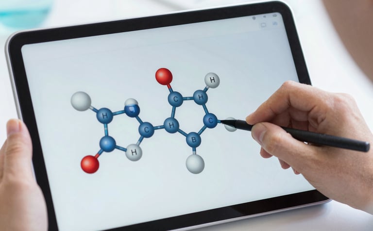 A close-up shot of an iPad displaying a complex 3D chemical structure being analyzed by a teacher and student. The focus is sharp, emphasizing clarity and modern technology in education. The color scheme uses #1A2A3A and #8BAAB7 for a clean, scientific atmosphere.