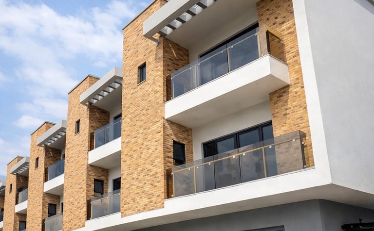 Modern luxury townhouses with brick facades, glass balconies, and contemporary architecture under a blue sky.