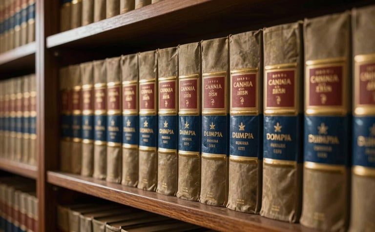 Photography of a stately bookshelf filled with law volumes in a South Asian / Pakistani legal chambers. The lighting is warm and golden, highlighting the deep blue spine of a prominent book, evoking authority and expertise.