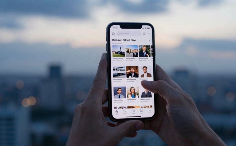 A close-up shot of hands holding a smartphone displaying a social media feed with news updates. The background is a blurred cityscape at sunset, with hints of Midnight Blue and Soft Cloud White light.