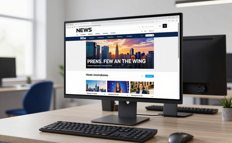 A high-end modern workstation with a large desktop monitor showcasing a vibrant news portal. The office environment is professional with Soft Cloud White walls and Midnight Blue furniture accents. Natural window light illuminates the scene.