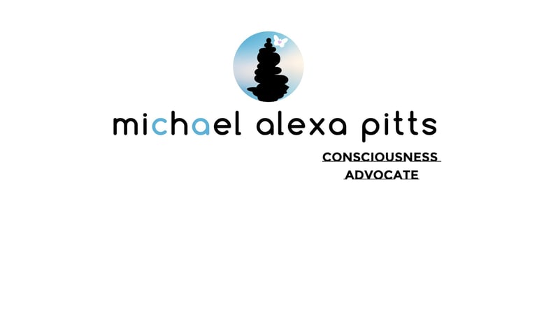 Michael Alexa Pitts Consciousness Advocate brand art with brand icon of a black cairn, blue sky behind, & a white butterfly