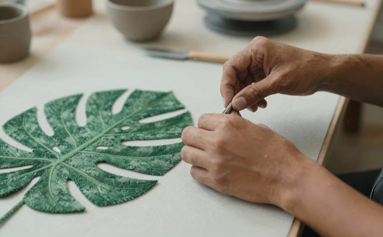 Close-up of hands in a South American / Brazilian studio engaging in a creative task like pottery or textile art. The lighting is soft and professional, highlighting the textures. The scene incorporates leaf green and light gray tones to match the clean, modern brand identity.