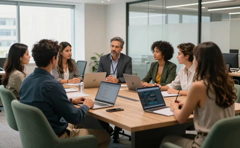 A collaborative meeting in a contemporary Brazilian office space. A group of professionals is engaged in a mentorship session. The lighting is bright and clear, emphasizing a reliable and professional mood. The scene features dark green and sage green office furniture.