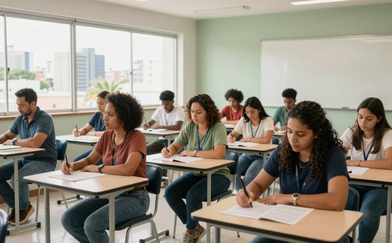 A group of professional adults in a bright, modern classroom in a South American / Brazilian city, engaged in a practical workshop. The atmosphere is warm and inviting with natural light. The interior features clean lines and subtle sage green accents, reflecting a reliable educational setting.